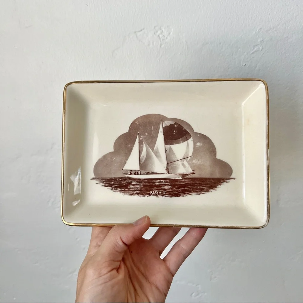 Vintage MCM Sailboat trinket dish decorative plate gilded Delano Studios 1965
